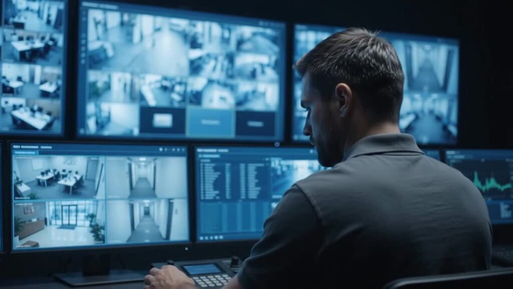 Operador monitoreando el sistema de videovigilancia de una empresa en pantallas de control