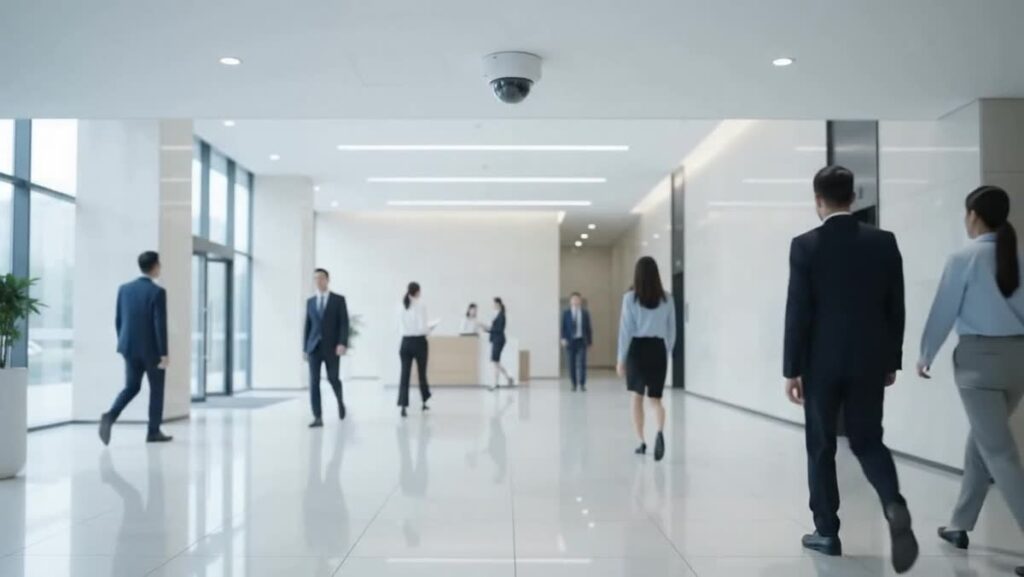 Cámara de seguridad instalada en el lobby de una oficina corporativa