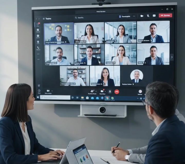 Reunión empresarial con Microsoft Teams en sala de juntas