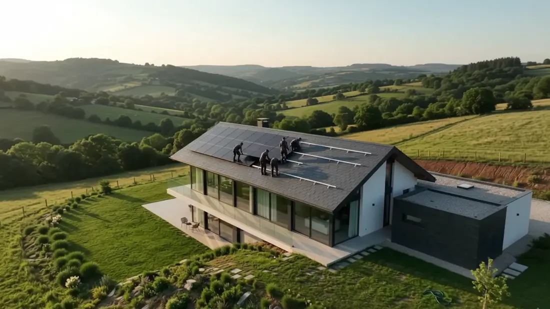 Técnicos instalando paneles solares sobre la cubierta de una vivienda campestre